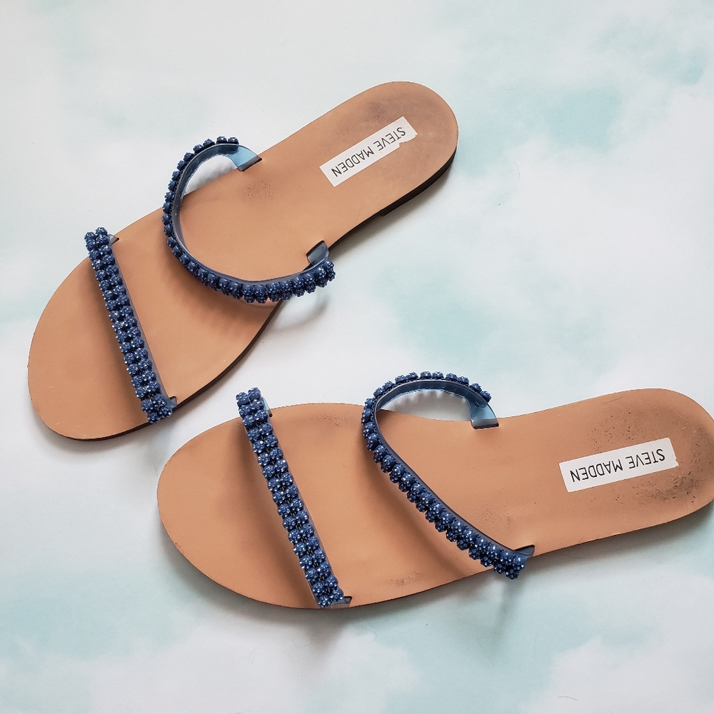 Steve Madden FELICIA BLUE Crystal Flat Sandals 9.5
